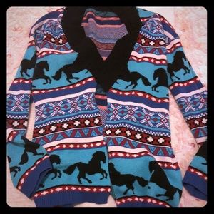 multicolored hipster-y horse open sweater